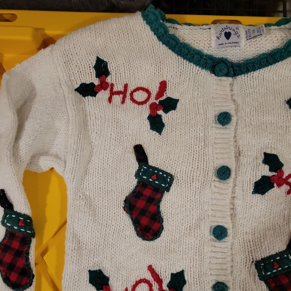 Vintage Hartstrings Holiday Cardigan Sweater Girls 7/8 BUTTON Christmas Ho Ho Ho - Picture 2 of 7